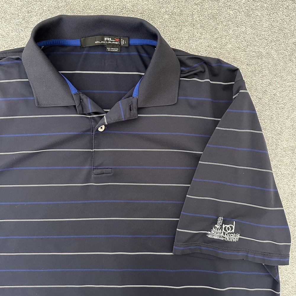 RLX Ralph Lauren Polo Shirt Mens Large Navy Blue Striped Prairie Dunes Golf